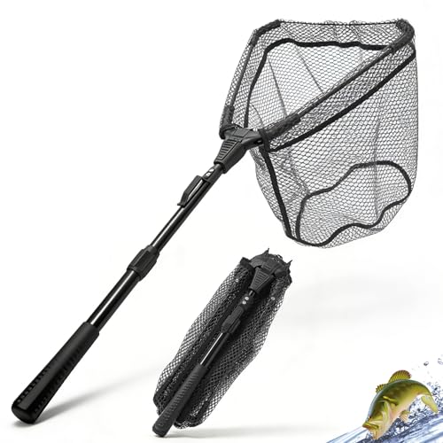 Épuisette de pêche avec poignée télescopique, Épuisette de Pêche Pliable, caoutchoutée avec poignée antidérapante pour Kayak, Salmon, Basses,...