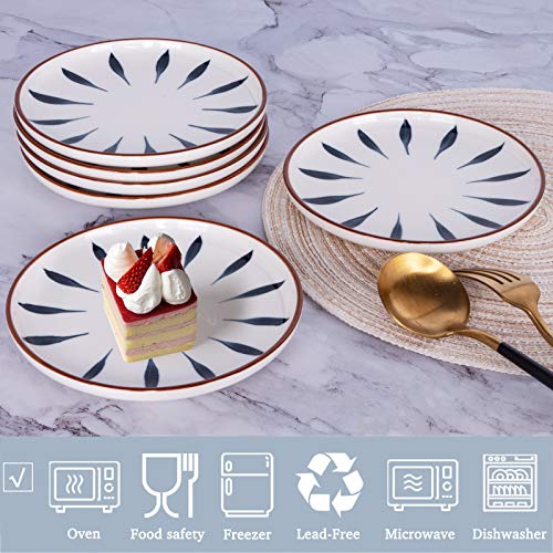 Aquiver 6'' Ceramic Dessert Plates - Color Painted Porcelain Appetizer Plates - Tea Party Small Serving Plates For Cake, Pie, Snacks, Ice Cream, Side Dish, Waffles - Set Of 6 (Blue) #TOP2