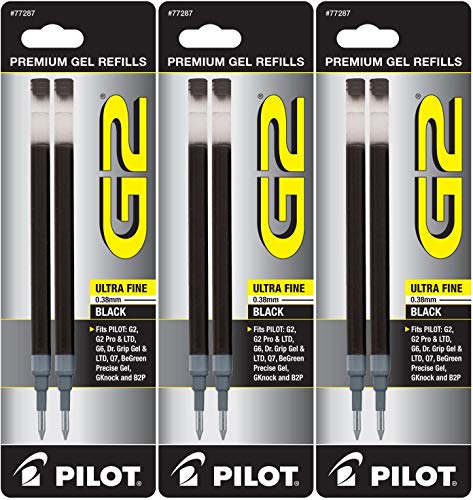 PILOT G2 Gel Ink Refills For Rolling Ball Pens, Ultra Fine Point, Black Ink, 2-Pack (77287) - 3 Pack