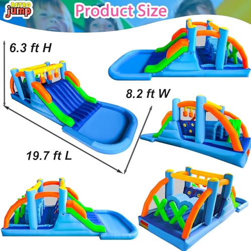 RETRO JUMP Bounce House,8 in 1 Inflatable Obstacle Course Bounce House,Inflatable Water Slide,Waterslide Park with Climbing Wall,Large Splash Pool,Obstacles,Sprinkles,Bouncy Castle Water Slide