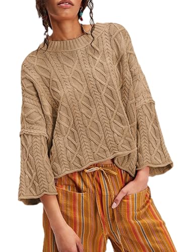 Zontroldy Women's Crewneck Lantern Sleeve Boxy Cable Knit Sweater Cropped Pullover Sweaters Jumper