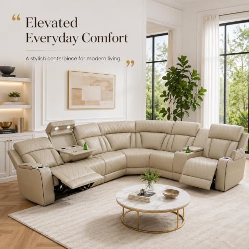 Image of Power Reclining Sectional Sofa Set, Modern Leather Sectional Couch Set, Living Room Furniture Sets Featuring LED Lights,Cup Holder,Storage,Home Theater Seating(Beige)