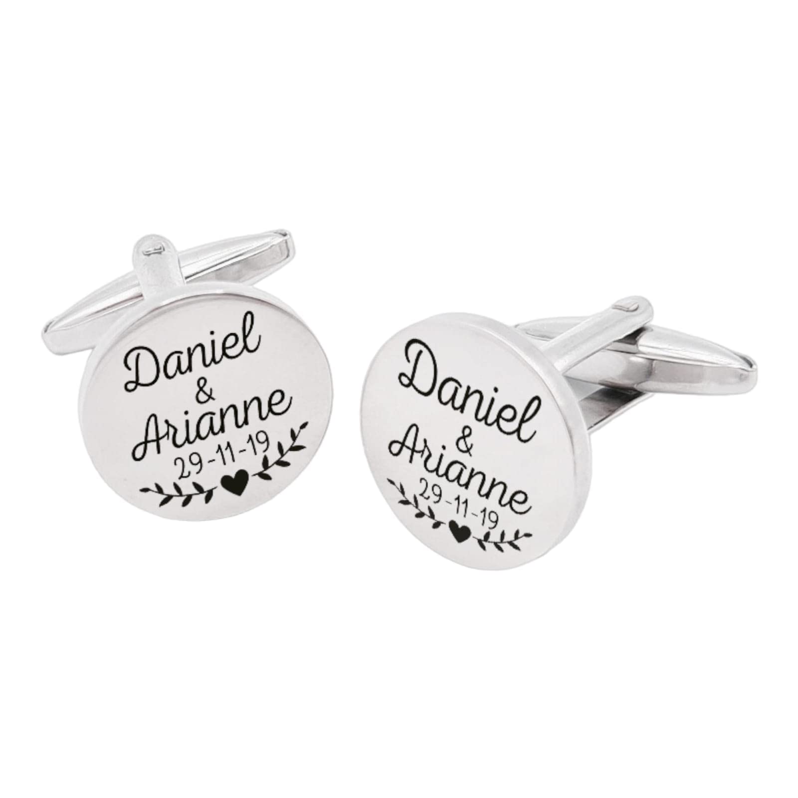 D.CORAZÓN ARTESANÍA HECHO A MANO Gemelos para bodas, grabado personalizados con las inciales, nombre o tu texto, acabado en acero inoxidable. Regalos para bodas.