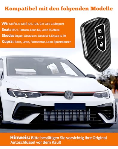 Autoschlüssel Hülle kompatibel mit VW Golf 8, Auto Schlüsselhülle 3-Tasten Auto Schlüssel Cover für VW ID3 ID4 E-Golf ab 12/2019 GTI GTE Clubsport, Schlüssel Hülle für Seat Leon MK 4 +Schlüsselanhänge