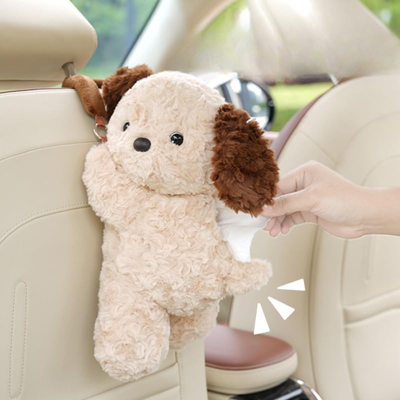 ぬいぐるみ 子犬 車用ティッシュボックスホルダー &ndash; かわいい犬のデザイン、吊り下げやダッシュボードの使用、車内用の柔らかいおもちゃ