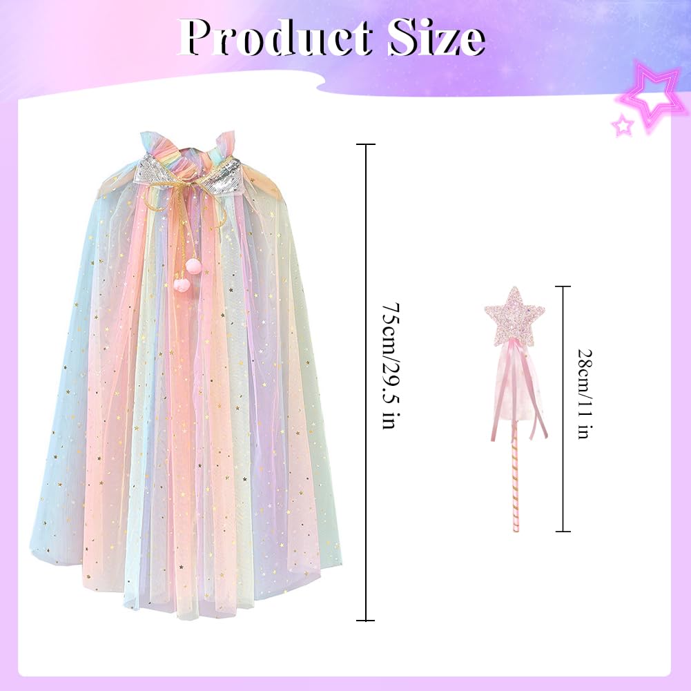 Mantello principessa bambina, mantello halloween bambino magica mantello Tulle con paillettes scintillanti scialle halloween principessa con bacchetta magica per ragazze 6-10 anni
