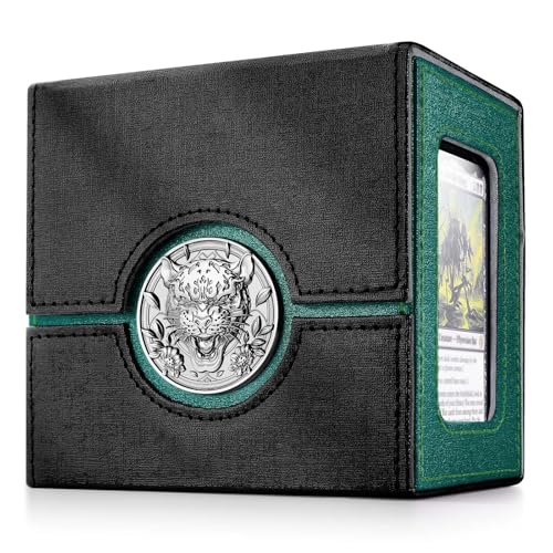 Image of Kabinka Commander Deck Box for MTG with Metal Emblem, Card Deck Box with Dice Tray, Holds 100 Double-Sleeved Cards for PTCG, Cards Storage Case with 35PT Magnetic Card Holder (Black& Green, Leopard)