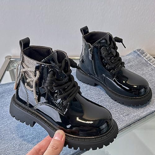 Girls Goth Lace Up Boots Side Zip Up Preppy Style Mid Calf Boots Easy On PU Leather Lug Sole Non-Slip Toddler Shoes2