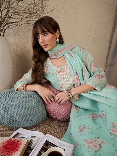 Image of INDO ERA Women's Straight Linen Floral Printed Embroidered Kurta & Pant with Dupatta Set