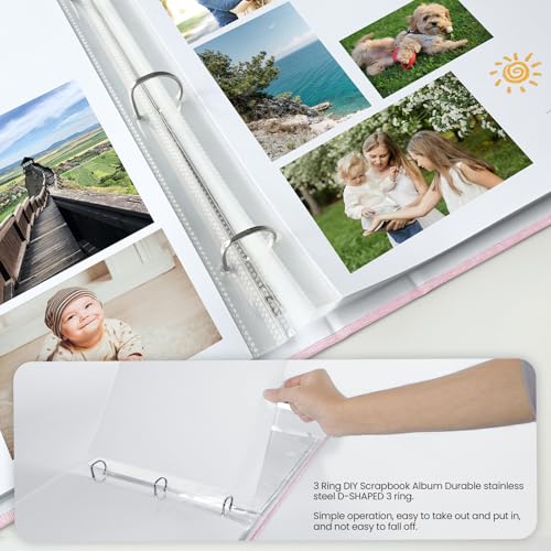 Álbum de fotos J.west de 12 x 12 pulgadas, con cubierta de lino y anillas de tres anillos, incluye 35 fundas plásticas y 70 páginas en blanco para scrapbook, álbum de recuerdos DIY para viajes, bodas, aniversarios y familia, color rosa miniatura 5