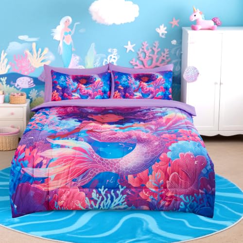 Image of Twin Comforter Set for Girls 5 Piece Mermaid Bedding Set for Girls Super Soft Microfiber Bed Set Bed in a Bag with Comforter Sheets Pillowcase & Sham (5 Piece Twin Size)