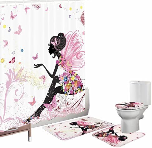 Amagical Flower Fairy Girl with Butterfly 16 Piece Bathroom Mat Set Shower Curtain Set Bathroom Mat Contour Mat Toilet Cover Fabric Waterproof Bathroom Curtain with 12 Hooks