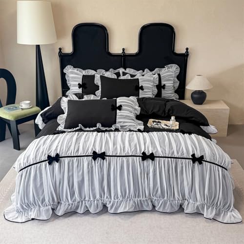 Ruffle Beddding Set with Bowtie,Chic Lace Bedding,Girls Twin Aesthetic Comforter Cover Set,Romantic French Princess Style Ruffled Duvet Cover with Lovely Bow with Zipper Closure