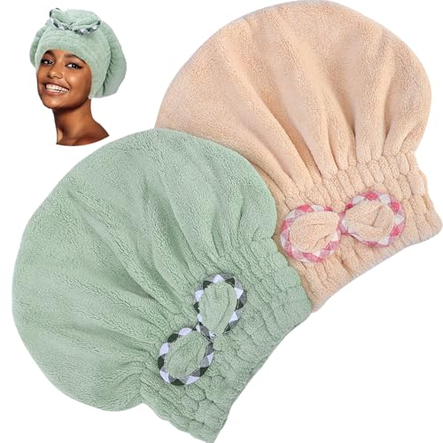 CACASO Microfiber Hair Drying Towel, 2 Pcs Fast Coral Velvet Absorbent Quick Dry Caps, Soft Towel for Women Wet Long Thick Hair (Khaki+Green)