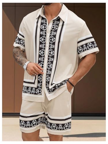 Men's Big and Tall 2 Piece Outfits Short Sleeve Button Up Vintage Shirts and Elastic Waist Beach Shorts4