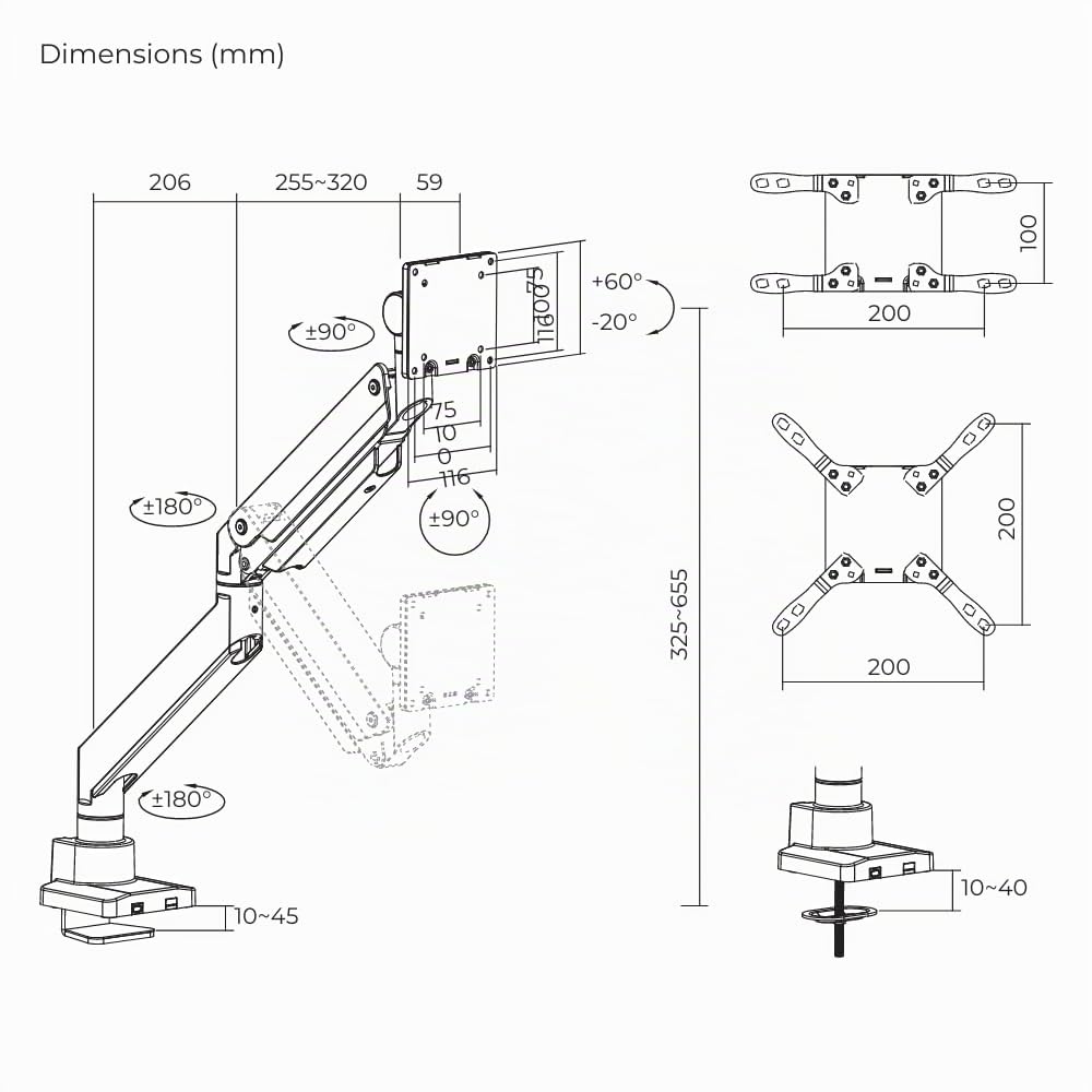 OPLITE MT57 Monitor Arm Support Ecran Fixation TV Ecran 17" jusqu'à 57" Pouces pour Bureau Fixation VESA