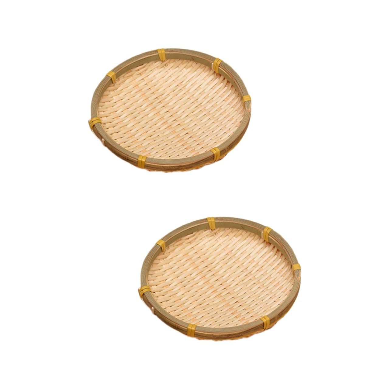 GRIRIW 2pcs Handmade Woven Basket Round Serving Trays Woven Basket Wall Decor Storage Bins Hamper Basket Empty for Kitchen Storage Baskets Round Basket Wooden