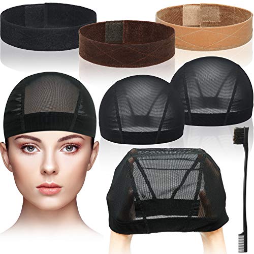 7 Pieces Dome Caps for Wigs Velvet Wig Headband Edge Brush, Stretchable Dome Style Wig Cap Spandex Wig Grip Band Double Sided Hair Control Brush for Edges