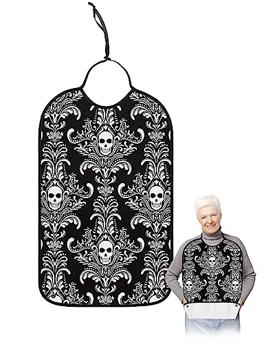Halloween Adult Bibs for Eating, Waterproof Bibs with Food Catcher & Adjustable Snap Closure, White Skull Modern Abstract Art Black Washable Clothing Protectors Adult Bibs for Elderly Women/Men