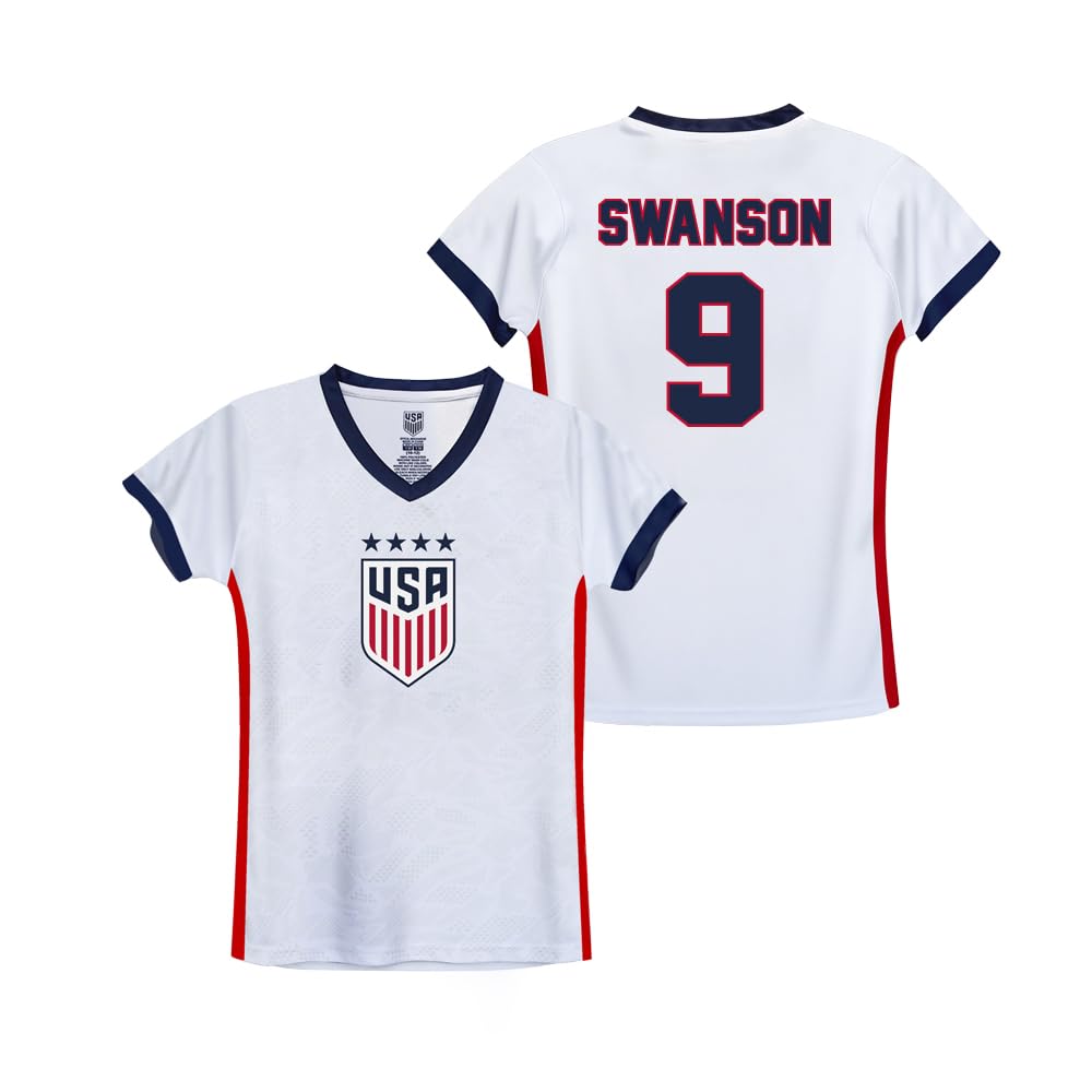 Icon Sports Official Licensed U.S. Soccer 4 Star USWNT Player’s Girl's Game Day Shirt Tee - Youth Soccer Gear - Swanson, White, Red, Medium
