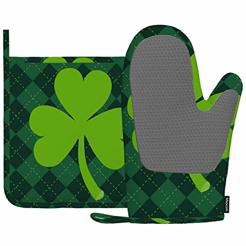 Mxocom Green Clover Oven Mitts and Pot Holders Sets Green Clover Paid Background for Happy St Silicone Heat Resistant Kitchen Oven Gloves Pot Holder for Cooking