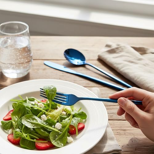 Image of 16 Pcs Blue Slim Handle Stainless Steel Cutlery Set for Dining Table with Spoons and Forks Set + Butterknives - The Perfect Tableware /Flatware