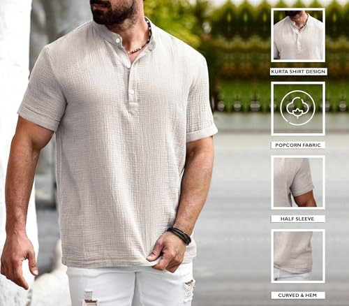 Image of Zombom Men's Polycotton Solid Short Kurta | Regular Fit | Half Sleeve | Mandarin Collar | Lightweight Casual Wear for Daily, Summer Comfort & Smart Look