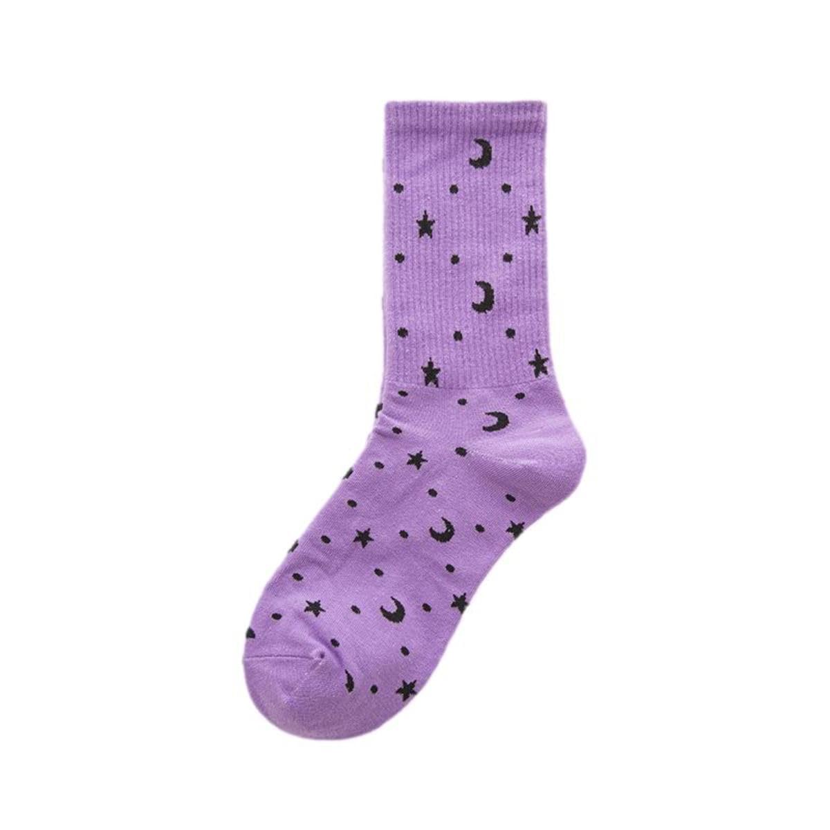 Ro Rox Moon Star Cat Socks Wicca Gothic Celestial Ribbed Cotton Stretch Unisex, Purple, One Size