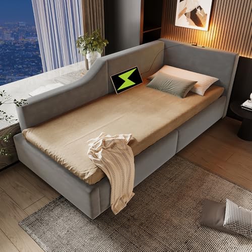Ecke Schlafsofa Tagesbett Erwachsene und Jugendliche Einzelbetten 90x200 cm mit Stauraum, Lattenrost aus Holz, Polsterbett Samt, Grau – Bild 7