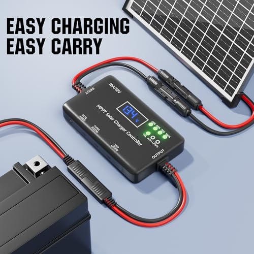 MPPT Solar Charge Controller 12V 10A, Solar Panel Charge Controller with Type-C and USB Output for Solar Panel and Gel, AGM, LiFePO₄ Battery