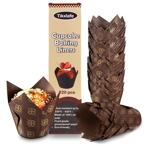 220pcs Tulip Cupcake Liners for Baking Cups,Greaseproof Cupcake Wrappers in Standard Size,Parchment paper Tulip Muffin Liners,Brown Print