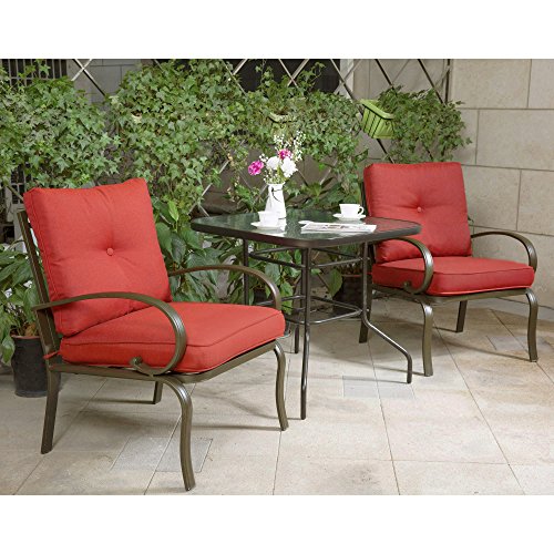 Finefind Patio Bistro Set 3 Piece Chair Set with 32" Tempered Glass Top Dining Table Outdoor Bistro Patio Furniture Bistro Set Wrought Iron Frame Thick Cushion Garden Yard Balcony (Brick Red)