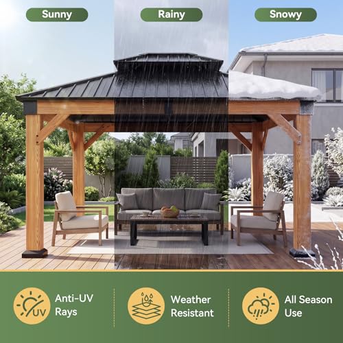 Image of Aoxun 10' x 12' Patio Wood Gazebo Cedar Wood, Natural | Patio Hardtop Gazebo Permanent Wooden Pavilion with Galvanized Steel Double Roof, for Backyard, Garden, Deck