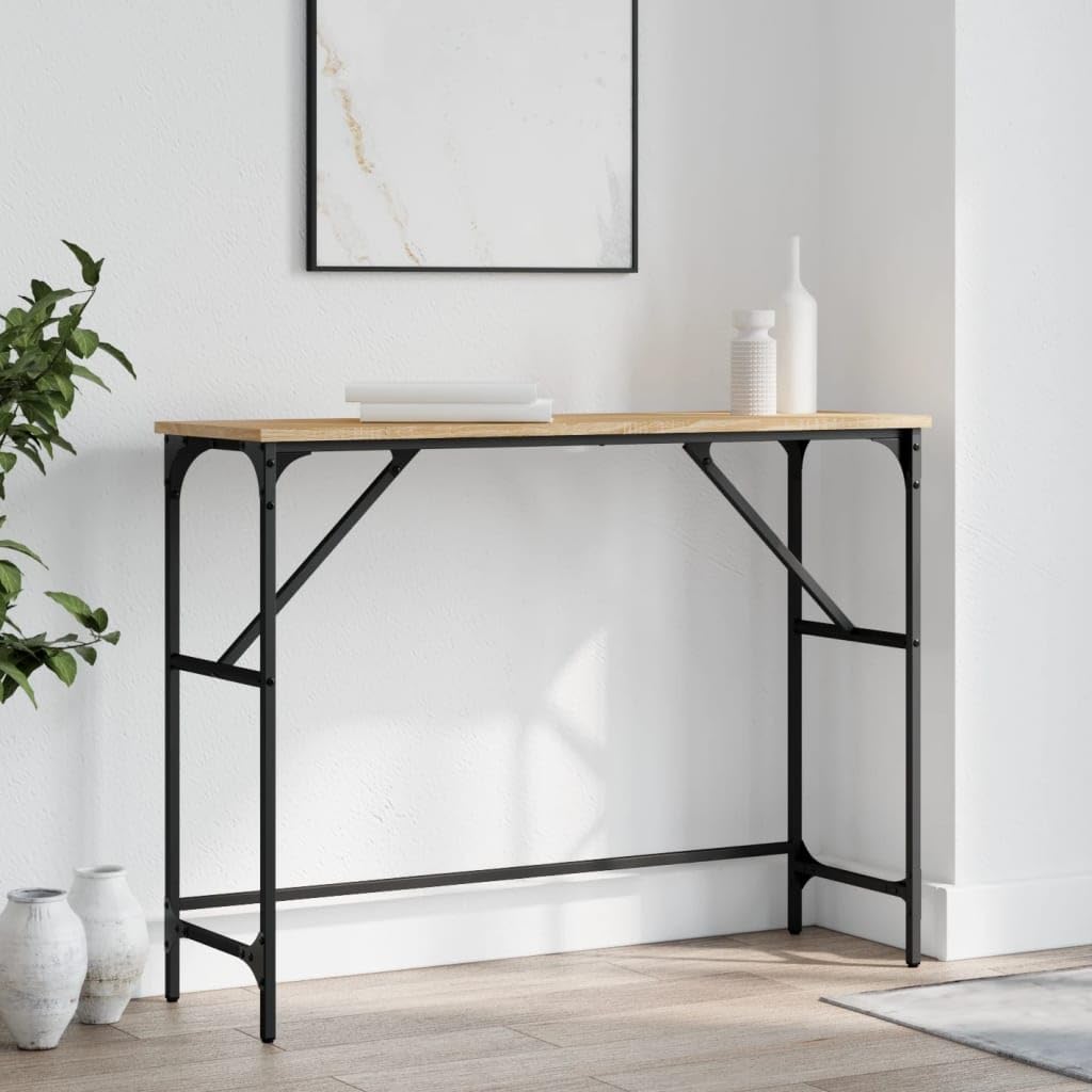 SXZenSpace Console Table 100x32x75 cm Sonoma Oak Engineered Wood with Metal Frame, Sturdy Hallway Side Tables, Adjustable Feet, Easy Assembly for Entryway Living Room Bedroom