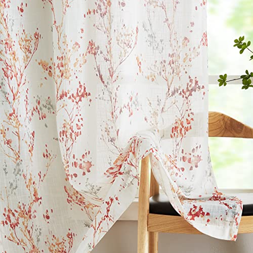 Image of Treatmentex Tree Print Semi-Sheer Curtains 63inch Length White Red Orange Branch Curtain Panels for Living Room Bedroom Linen Textured Look Privacy Semi Sheer Curtains 2pcs Grommet Top