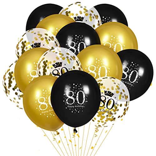 Image of 80th Birthday Balloons for Men, 15 Pcs Black Gold Happy 80th Birthday Balloons, Black Gold 80th Birthday Party Decorations Balloons for Men Women 80th Birthday Decor