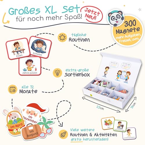 »PANDABANDE« XL Wochenplaner Kinder [300 Magnete, XL Box, Routinen] - Montessori Spielzeug ab 3 Jahre - Ideal zum Wochentage Lernen, Kinderkalender