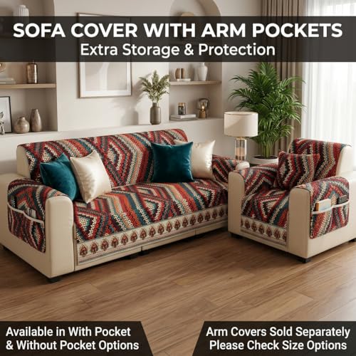 Image of KINGLY Sofa Cover 1 Seater Fully Covered | Stretchable Anti-Slip Slipcover | Washable Furniture Protector | Multicolor | Seat & Back | Set of 2Pc