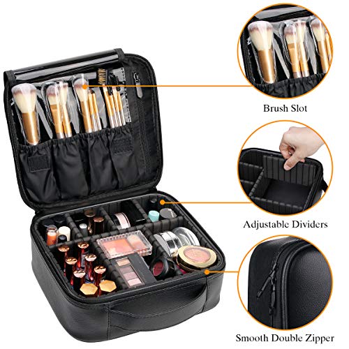 VASKER Makeup Case Travel Makeup Bags Organizer for Women Professional Leather Cosmetic Bag Train Case Box Storage Black Portable Brush Holder with Adjustable Divider Gift for Girl Women