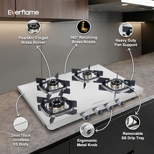Image of Everflame Photon 4 Burner Gas Stove | Manual Ignition | 5G Brass Burners | ISI Certified | SS Cooktop | 5 Years Warranty on (Body & Burners) + 2 Year Comprehensive Warranty + Doorstep Service