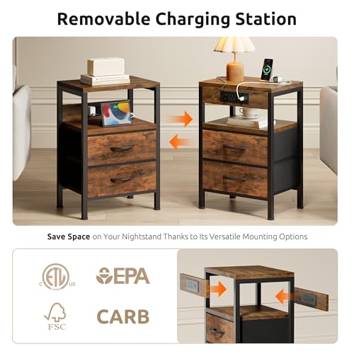 Lazzanto NightStand Bedside Charging Table Bedroom - Brown Night Stand with Charger Station, Modern Bed Side End Table with Open Shelf & 2 Fabric Drawers, USB-C Port for Dorm, Living Room - Image 3