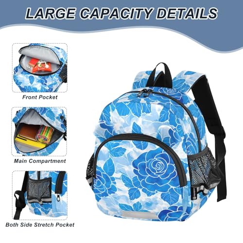 Kid's Backpack for Boys & Girls Toddler Bag Blue Roses Flower Backpack with Safety Leash4