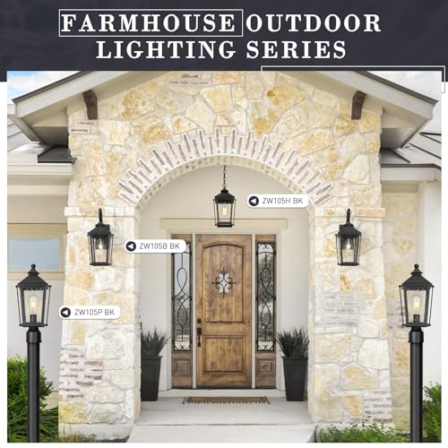 Image of zeyu 16 Inch Black Outdoor Light Fixture, 1-Light Exterior Wall Lighting Fixture for Porch Backyard, Die-Cast Aluminum with Seeded Glass, Black Finish, ZW105B BK