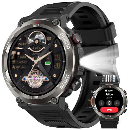 Montre Connectée Homme Robuste avec Appel Bluetooth, Boussole & Lampe LED, 120+ Modes Sport, Cardiofréquencemètre, Suivi du Sommeil, IP68 Étanche,30 Jours...