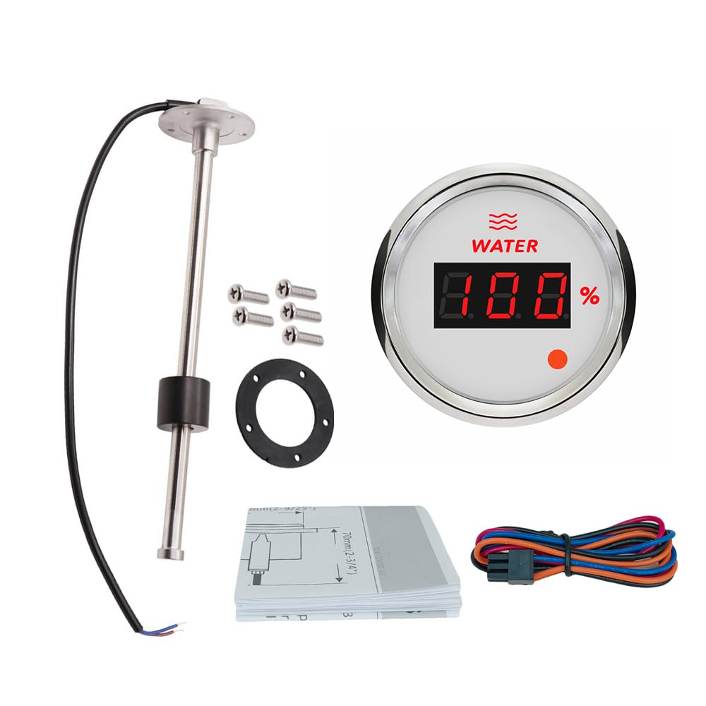 ELING Medidor digital de nivel de agua de 52 mm, señal de 0 a 190 ohmios, con retroiluminación de 8 colores, con alarma, sensor de nivel de agua de 250 mm