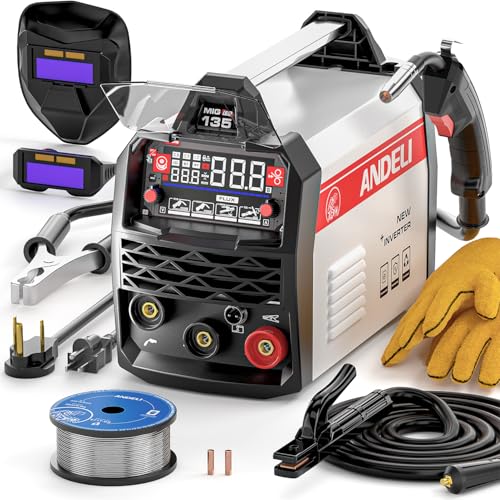 ANDELI 135A MIG Welder，Upgraded 110V/220V [Large LED Display]3-in-1 Welder Flux Core MIG/Lift Tig/Stick Gasless MIG Welding Machine with Synergy，2T/4T Full Kit (Bonus Welding Helmet & Gloves)