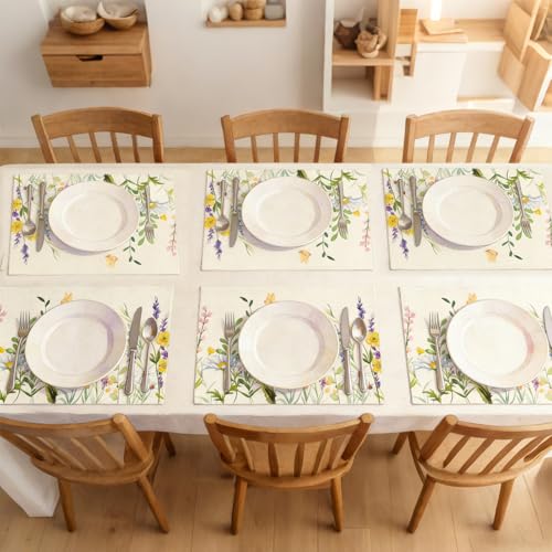 Linen Floral Placemats Set of 6 Rectangle Wild Flowers Table Mats Heat-Resistant Spring Summer Placemat Decoration Washable Non-slip Place Mats for Party Home Kitchen Table Decoration, 45x30CM (B) - Image 6
