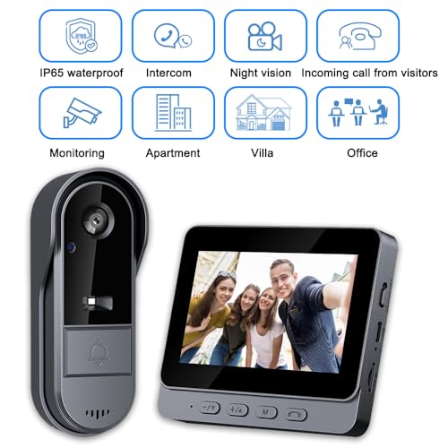 Draadloze deurbel met camera, 1080P IP67 waterdicht, video-deurtelefoon voor buiten met 4,3 inch scherm, 170° kijkhoek, nachtzicht, video-intercom voor thuis, zonder wifi/app - Afbeelding 5