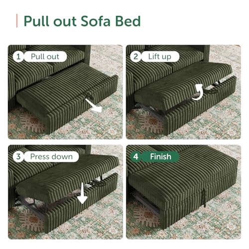 Image of HONBAY Modular Pull Out Sofa Bed,Corduroy Loveseat, Couches for Living Room,Green