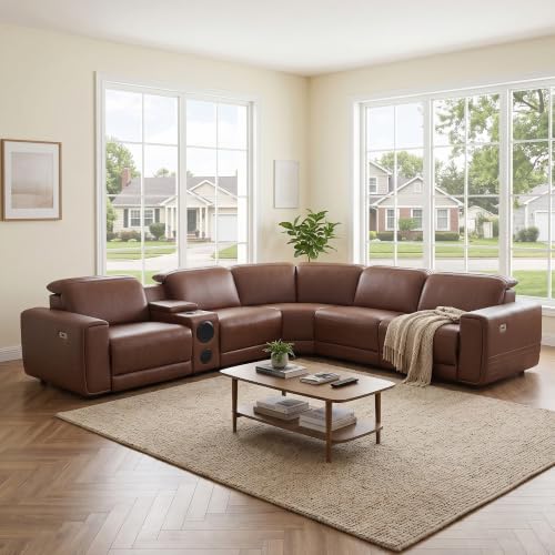 Image of Power Recliner Sectional Sofa, L-Shaped Living Room Furniture Set, Reclining Sectional Couch with Storage Console /Cup Holder for Living Room /House /Apt (Brown, 5 Seater)